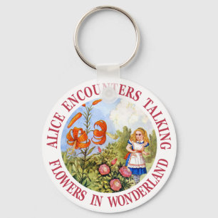Alice Encounters Talking Flowers in Wonderland Key Ring