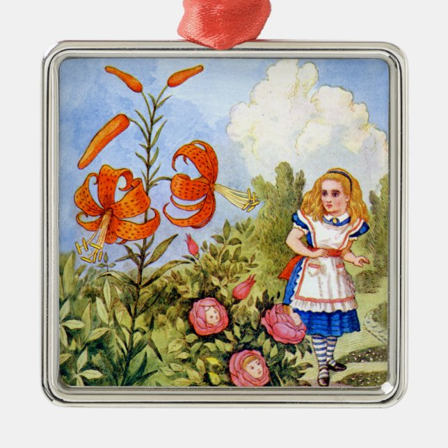 Alice Encounters Talking Flowers in Wonderland Metal Ornament (Front)