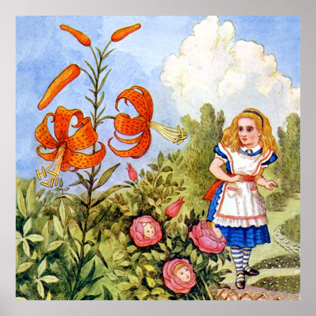 Alice Encounters Talking Flowers in Wonderland Poster (Front)