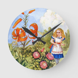 Alice Encounters Talking Flowers in Wonderland Round Clock