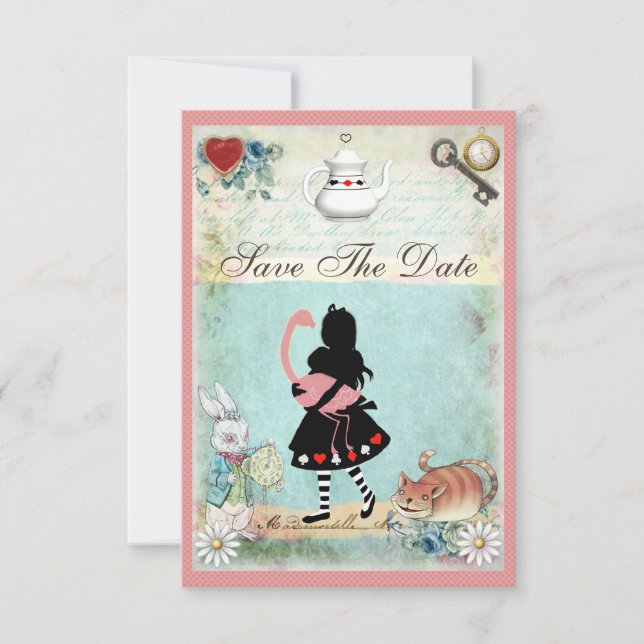 Alice, Flamingo & Cat Baby Shower Save the Date (Front)