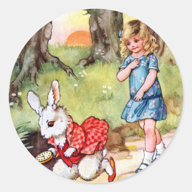 Alice Follows the White Rabbit To Wonderland Classic Round Sticker (Front)