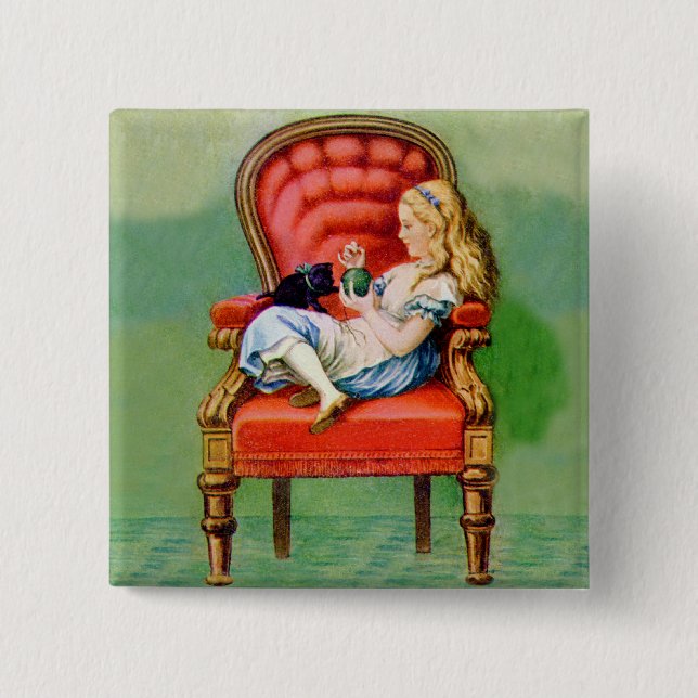 Alice & Her Cat Dinah in The BIg Red Velvet Chair 15 Cm Square Badge (Front)