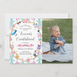 Alice in Onederland 1st Birthday Blue Photo Invitation