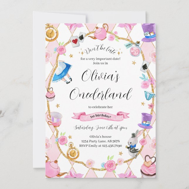 Alice in Onederland 1st Birthday Pink Invitation (Front)