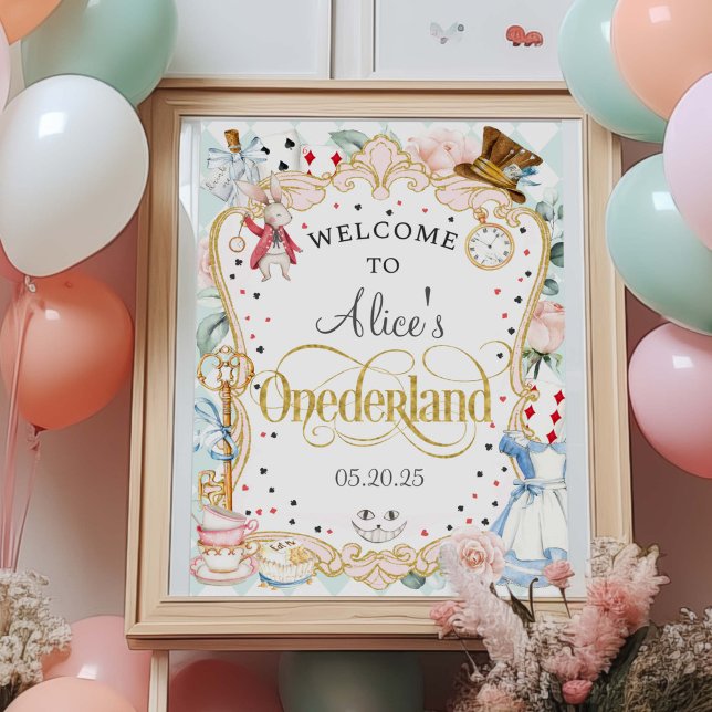 Alice in Onederland, 1st birthday welcome sign (Alice Onederland, girl 1st birthday, teal, mad hatter tea party birthday welcome sign.)