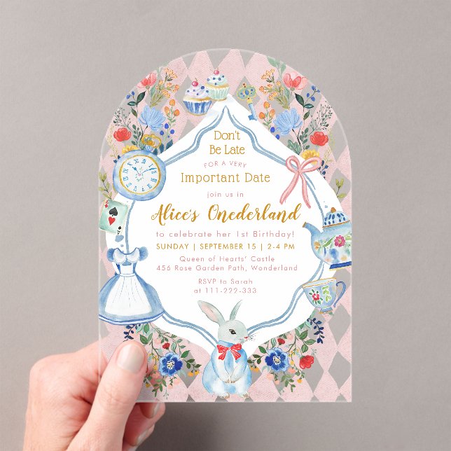 Alice in ONEderland 1st Birthday Whimsical Acrylic Invitations (Insitu (Handheld))