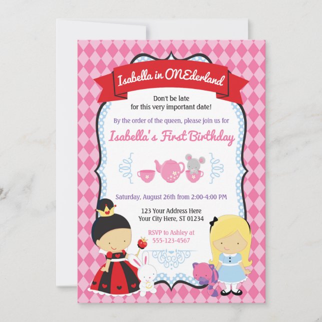 Alice in ONEderland Birthday Invitation (Front)