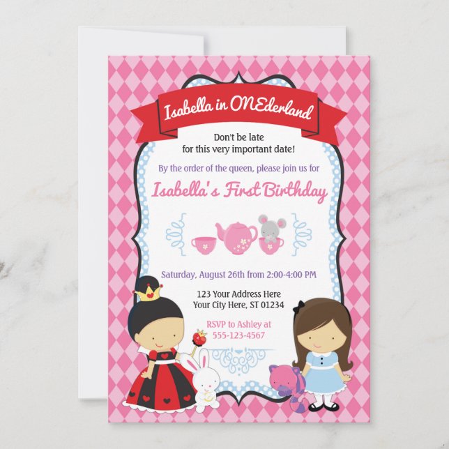 Alice in ONEderland Birthday Invitation (Front)