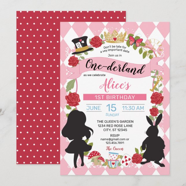 Alice In Onederland Birthday Invitation (Pink/Red) (Front/Back)