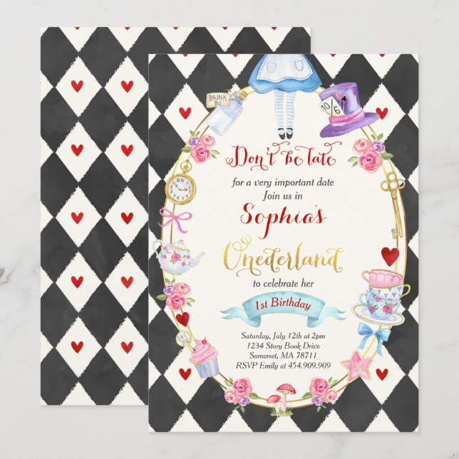 Alice In ONEderland Birthday Invitation Tea Party (Front/Back)