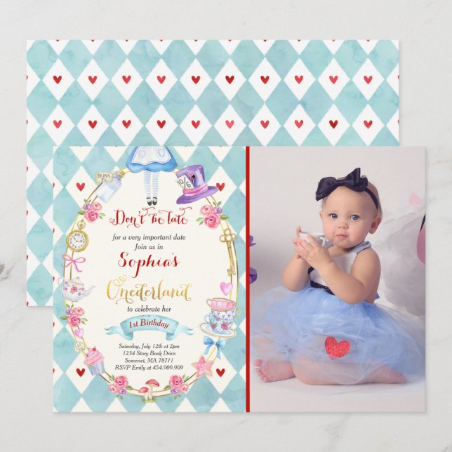 Alice In ONEderland Birthday Invitation Tea Party (Front/Back)