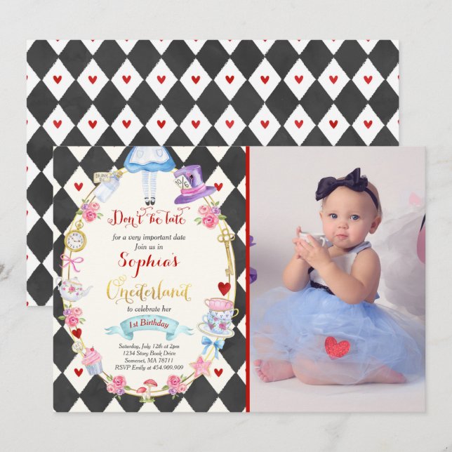 Alice In ONEderland Birthday Invitation Tea Party (Front/Back)