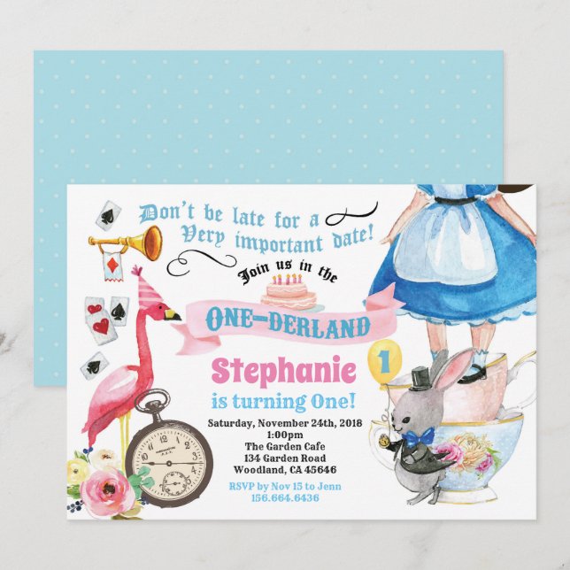 Alice in ONEderland birthday tea party blue Invitation (Front/Back)