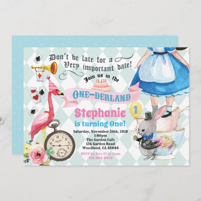 Alice in ONEderland birthday tea party pink Invitation (Front/Back)