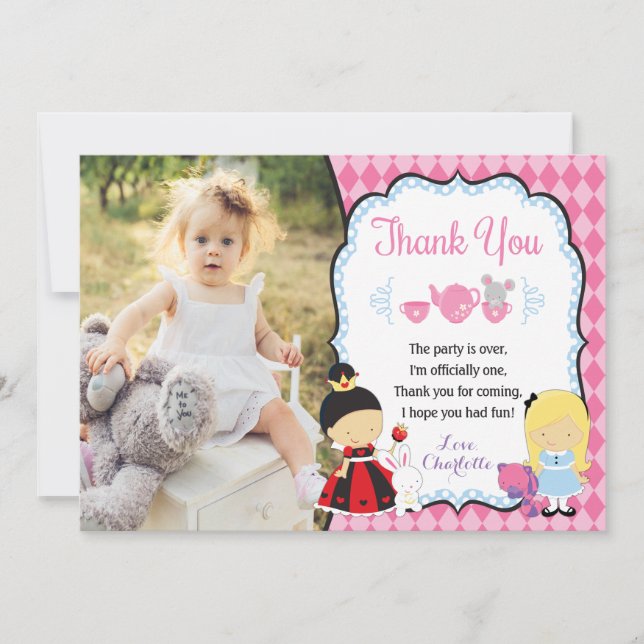 Alice in ONEderland Birthday Thank You Card (Front)