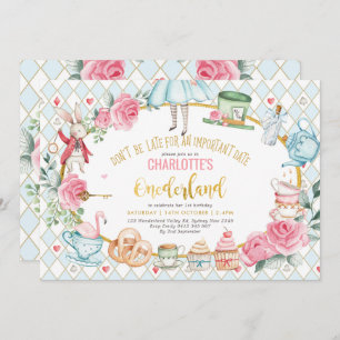 Alice in Onederland Blue Pink Birthday Tea Party Invitation