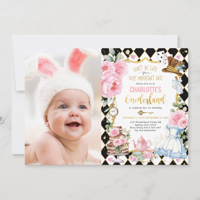 Alice in Onederland High Tea Mad Hatter Birthday Invitation (Front)