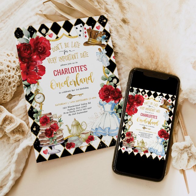 Alice in Onederland Red Roses 1st Birthday Tea Invitation (Creator Uploaded)
