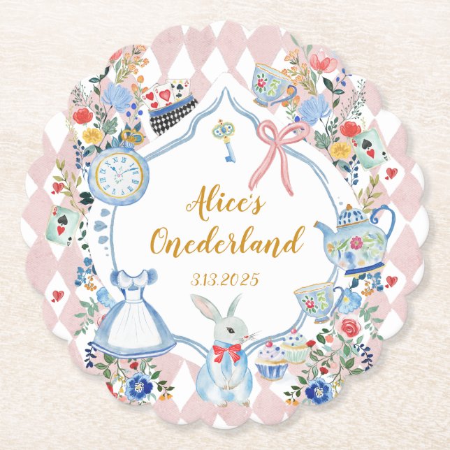 Alice in Onederland Whimsical Birthday Paper Coaster (Front)