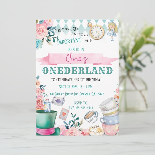 Alice in Onederland Wonderland Birthday Invitation (Standing Front)