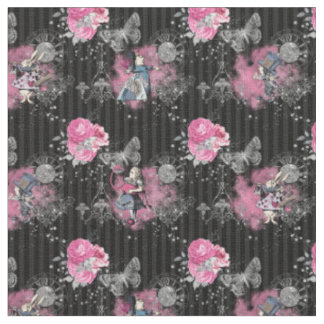 Alice in Winter Wonderland on Black Striped Fabric