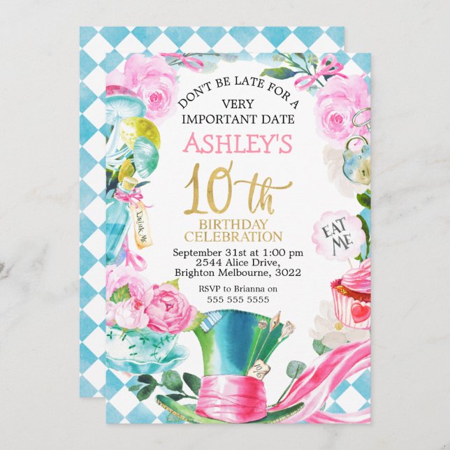 Alice In Wonderland 10th Birthday Invitation (Front/Back)