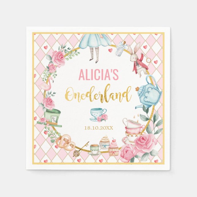 Alice in Wonderland 1st Birthday Onederland Party Napkin (Front)