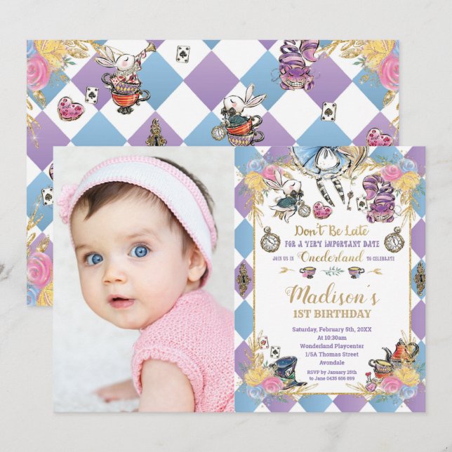 Alice in Wonderland 1st Birthday Onederland Photo Invitation (Front/Back)