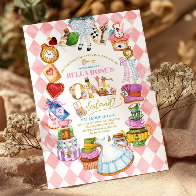 Alice in Wonderland 1st birthday Pink Invitation (Creator Uploaded)