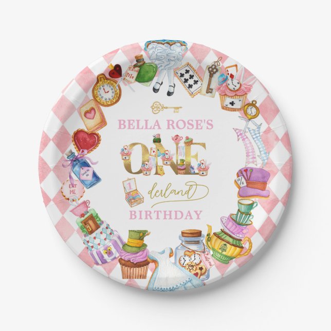 Alice in Wonderland 1st birthday Pink  Paper Plate (Front)