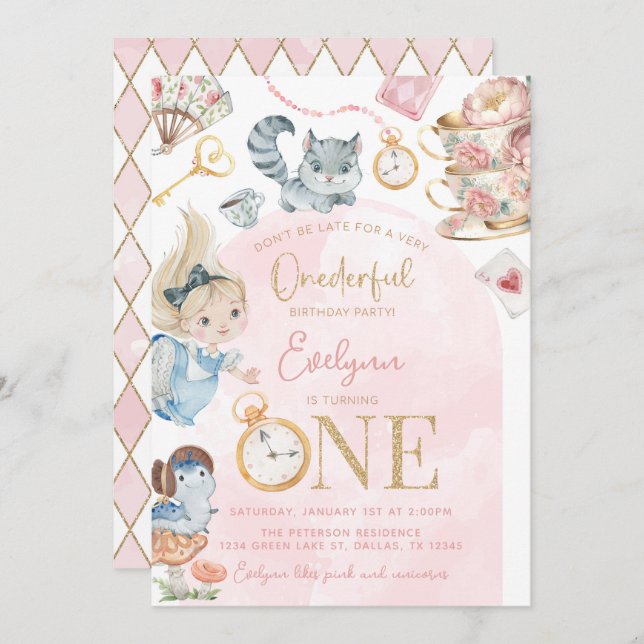 Alice In Wonderland 1st Birthday Tea Party Invitation (Front/Back)