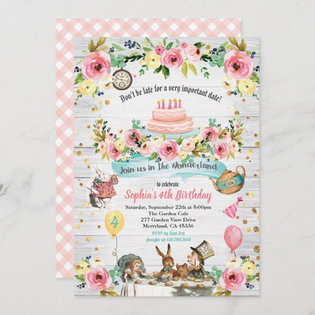 Alice in Wonderland baby birthday invitation gold (Front/Back)