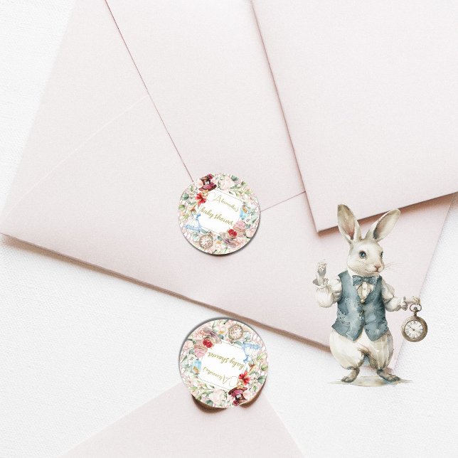 Alice In Wonderland Baby Shower Floral Pink  Classic Round Sticker (Creator Uploaded)