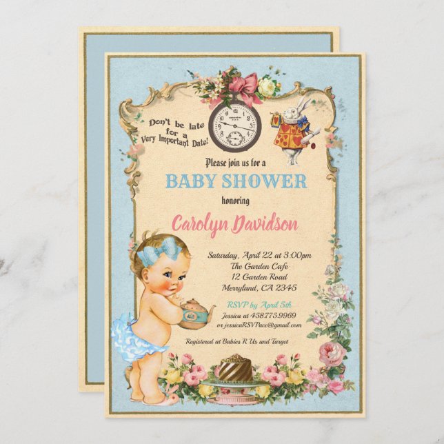 Alice in Wonderland Baby Shower Invitation blonde (Front/Back)