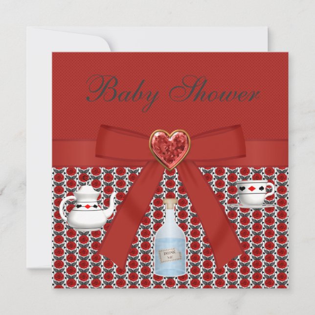 Alice in Wonderland Baby Shower Red Tea Party Invitation (Front)