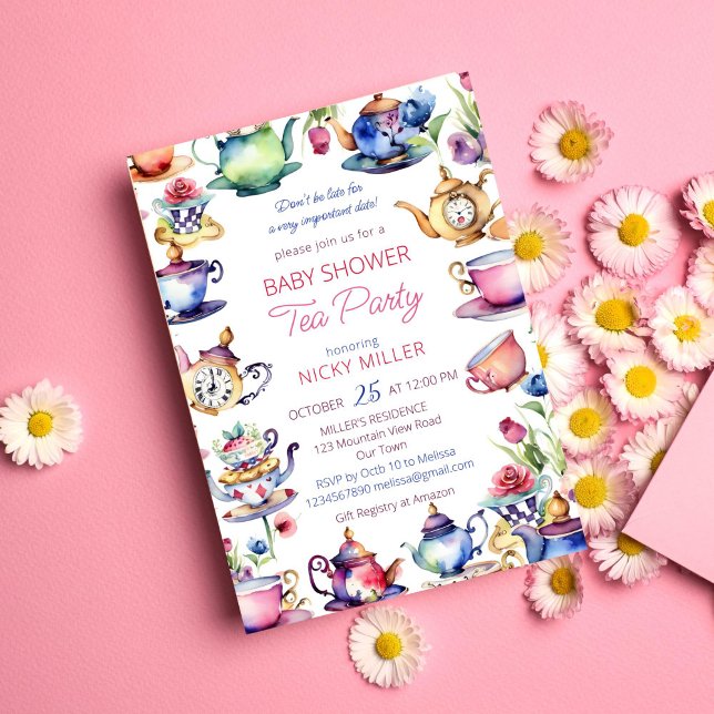 Alice in wonderland baby shower tea party invitation (Alice in wonderland baby shower tea party template invitation instant download tea cups and pots)