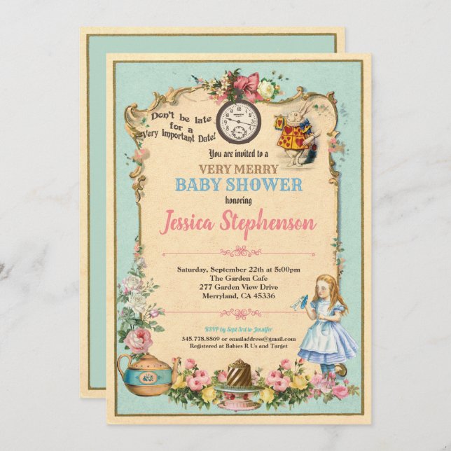 Alice in Wonderland baby shower turqoise teal Invitation (Front/Back)