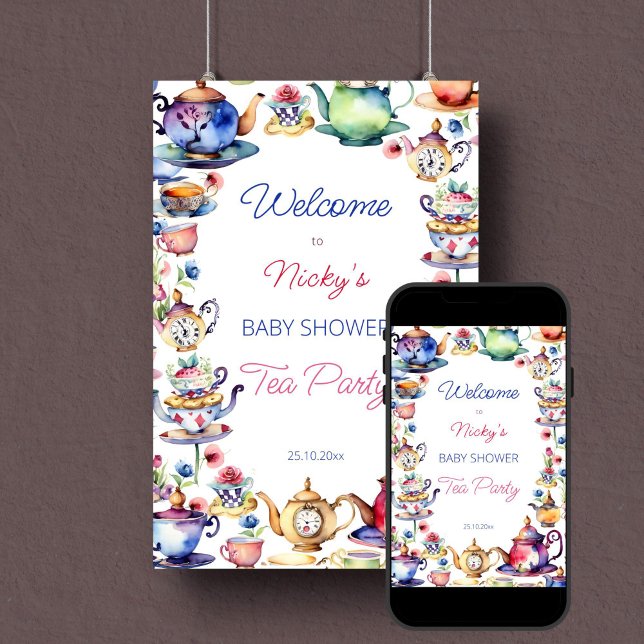 Alice in wonderland baby shower welcome sign (Alice in wonderland tea party baby shower welcome sign template poster digital download watercolor)