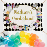 Alice in Wonderland Birthday Banner, 1st Birthday Banner<br><div class="desc">Alice in Wonderland birthday personalised banner,  4x6 ft,  with b&w background. 1st birthday Onederland,  mad tea party birthday. Alice in Onderland. 
Alice in Wonderland Birthday Backdrop 4x6 ft Editable Template. Personalised First Birthday Onederland Banner,  Printable Hanging Banner</div>