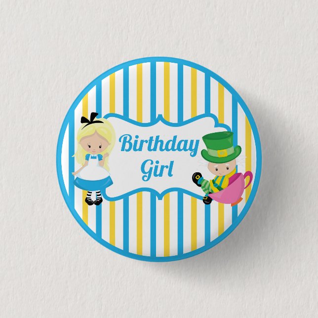 Alice in Wonderland Birthday Girl Blue Yellow 3 Cm Round Badge (Front)