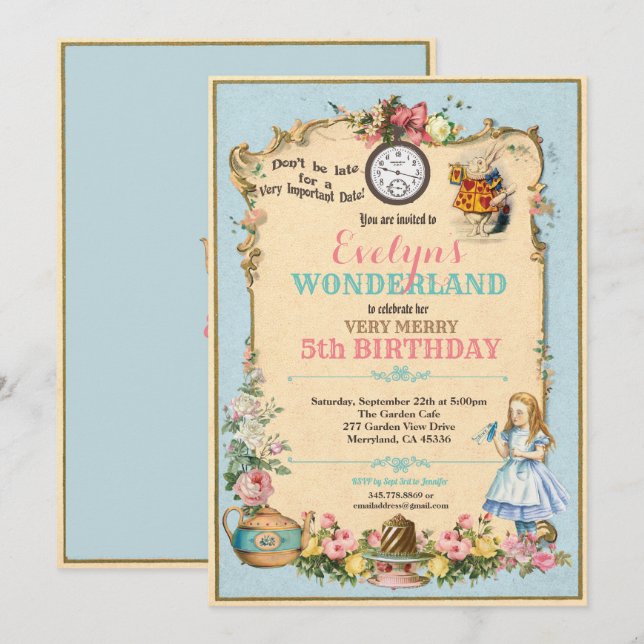 Alice in Wonderland birthday invitaion blue Invitation (Front/Back)