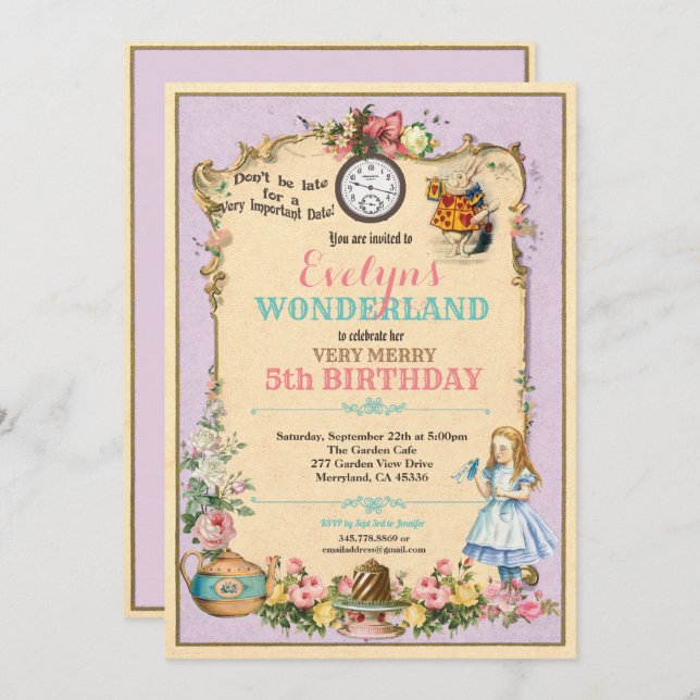 Alice in Wonderland birthday invitaion purple Invitation (Front/Back)