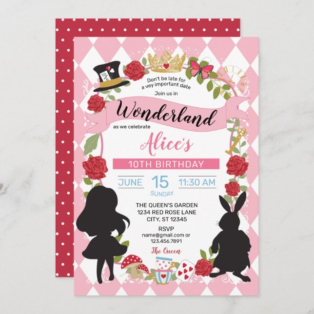 Alice In Wonderland Birthday Invitation (Pink/Red) (Front/Back)
