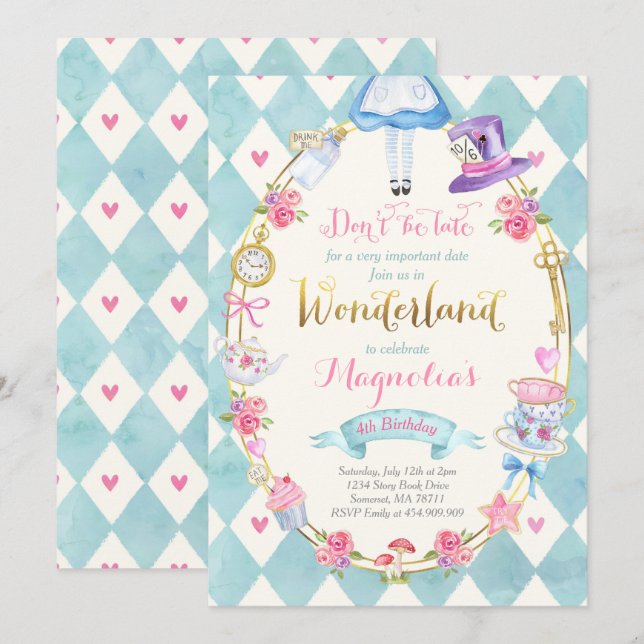 Alice In Wonderland Birthday Invitation Tea Party (Front/Back)