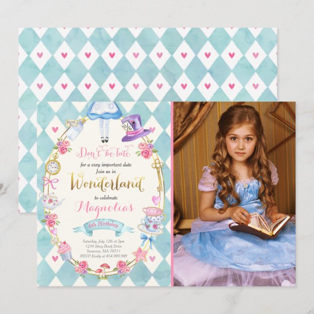 Alice In Wonderland Birthday Invitation Tea Party (Front/Back)