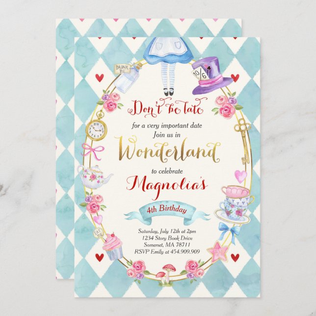 Alice In Wonderland Birthday Invitation Tea Party (Front/Back)