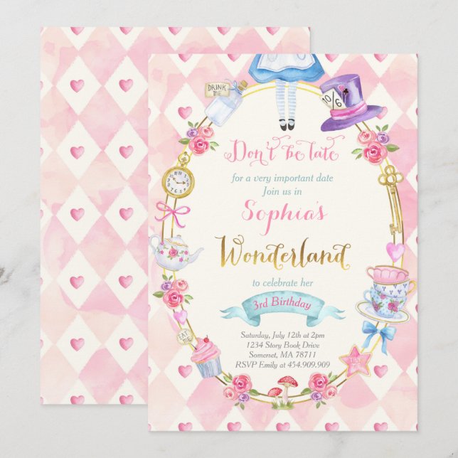 Alice In Wonderland Birthday Invitation Tea Party (Front/Back)