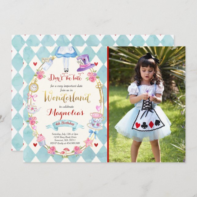 Alice In Wonderland Birthday Invitation Tea Party (Front/Back)