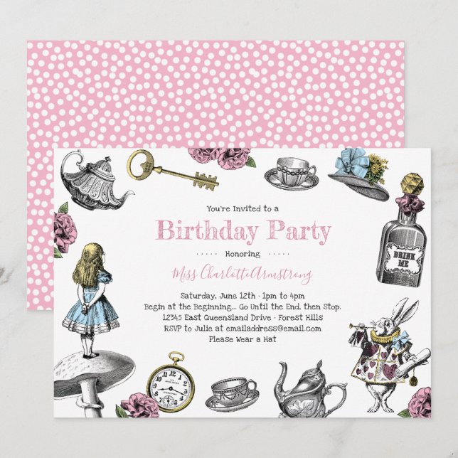 Alice in Wonderland Birthday Party Polka Dots Invitation (Front/Back)